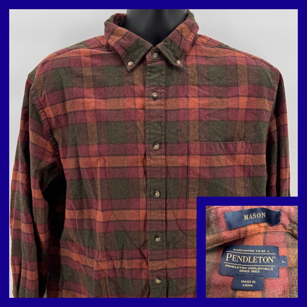 Pendleton Mason Flannel Shirt Mens Large Plaid Red‎ Green Brown 100% Cotton